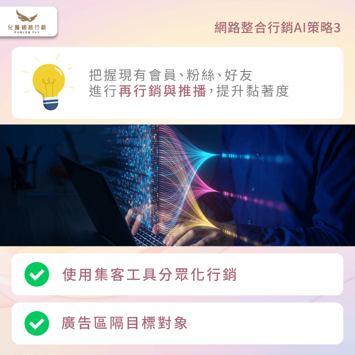 掌握現有會員、粉絲與好友資料,透過集客工具分眾推播與廣告再行銷 把握現有會員資訊進行再行銷與推播 -網路整合行銷AI